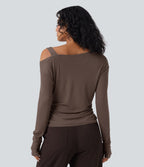 T-shirt décontracté asymétrique en mélange de laine à une épaule et manches longues