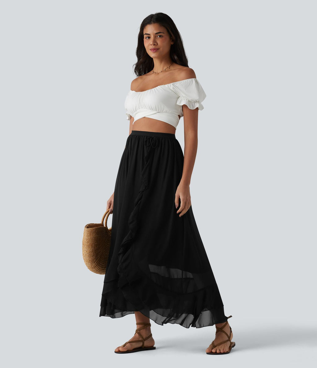 Jupe longue fluide taille haute à volants et ourlet asymétrique