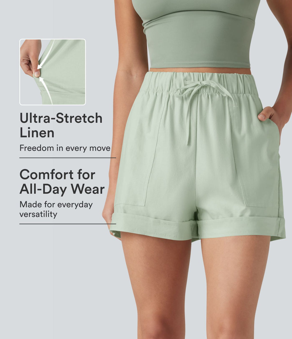 Short ample décontracté taille haute en coton et lin, cordon de serrage, ourlet retroussé et poches
