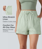 Short ample décontracté taille haute en coton et lin, cordon de serrage, ourlet retroussé et poches