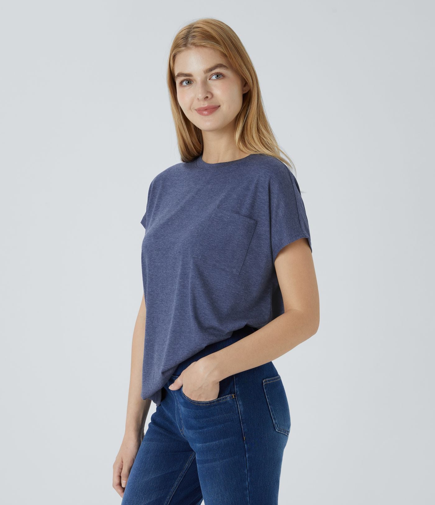 T-shirt Casual Relax à Col Rond Poche Poitrine Ourlet Fendu