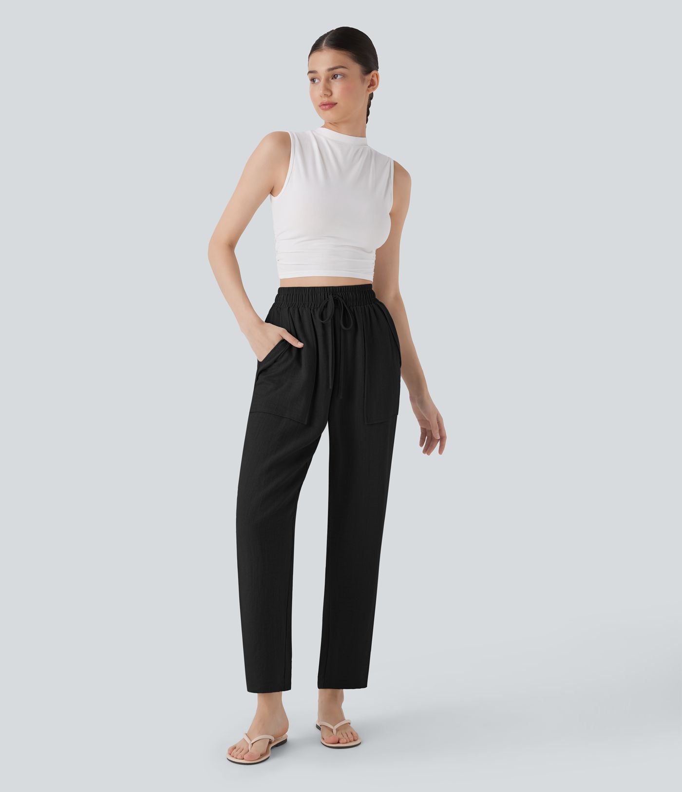 Pantalon décontracté taille haute avec cordon de serrage et poches