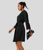 Robe-chemise décontractée à col, manches retroussables et ceinture