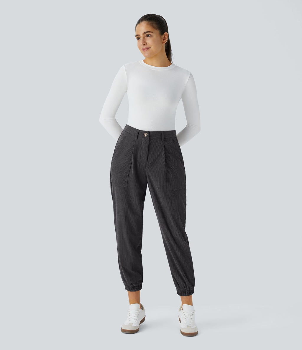 Pantalon décontracté en velours côtelé avec taille mi-haute, boutons et fermeture éclair