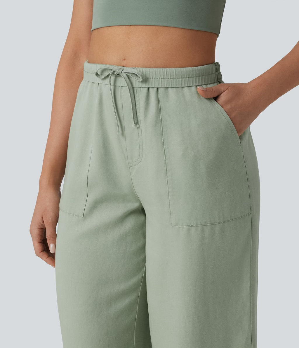 Pantalon large fluide décontracté taille haute en lyocell et lin mélangé avec cordon de serrage intérieur et poches
