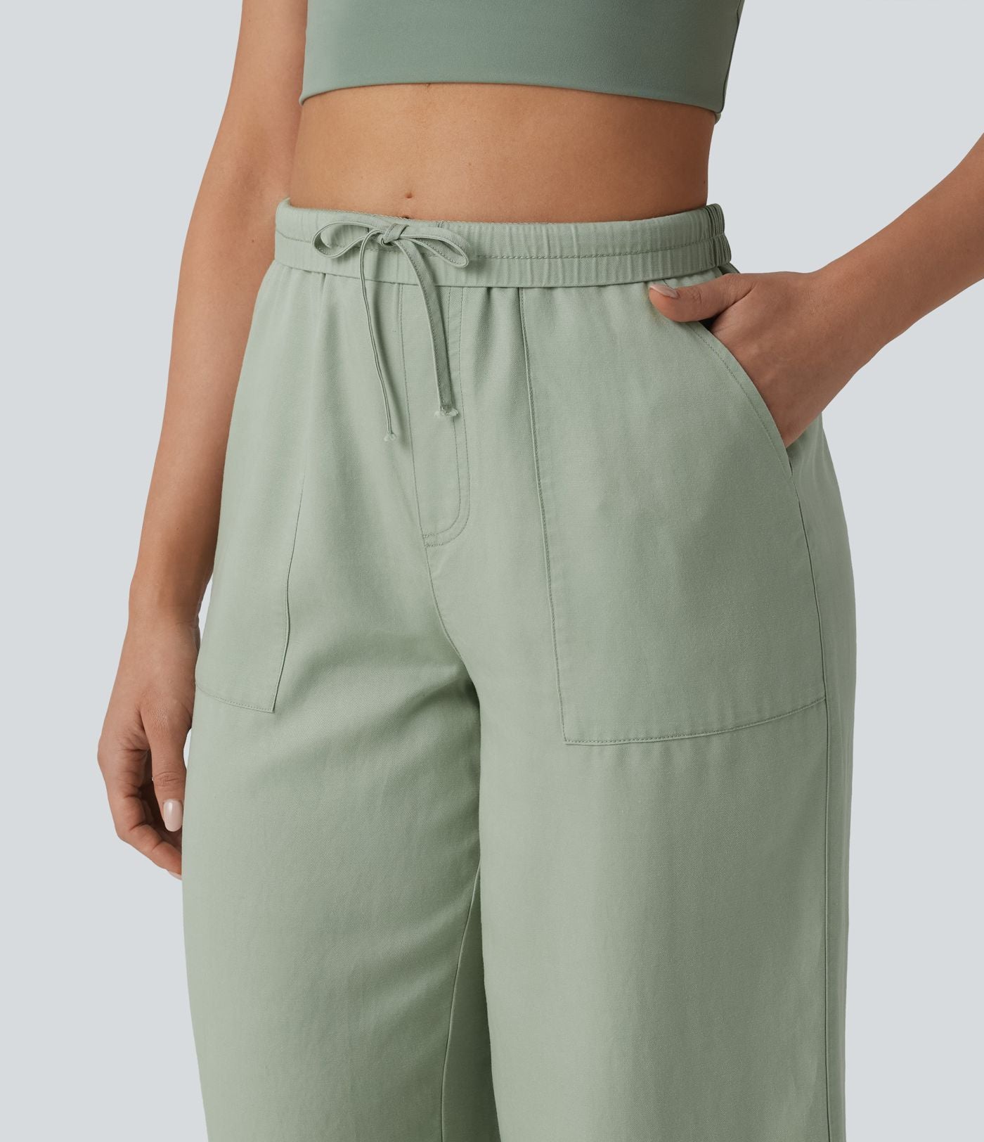 Pantalon large fluide décontracté taille haute en lyocell et lin mélangé avec cordon de serrage intérieur et poches