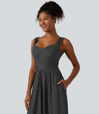 Robe midi casual fluide à pois sans manches dos nu avec brassière intégrée croisée et poches - Bonnets DD-F