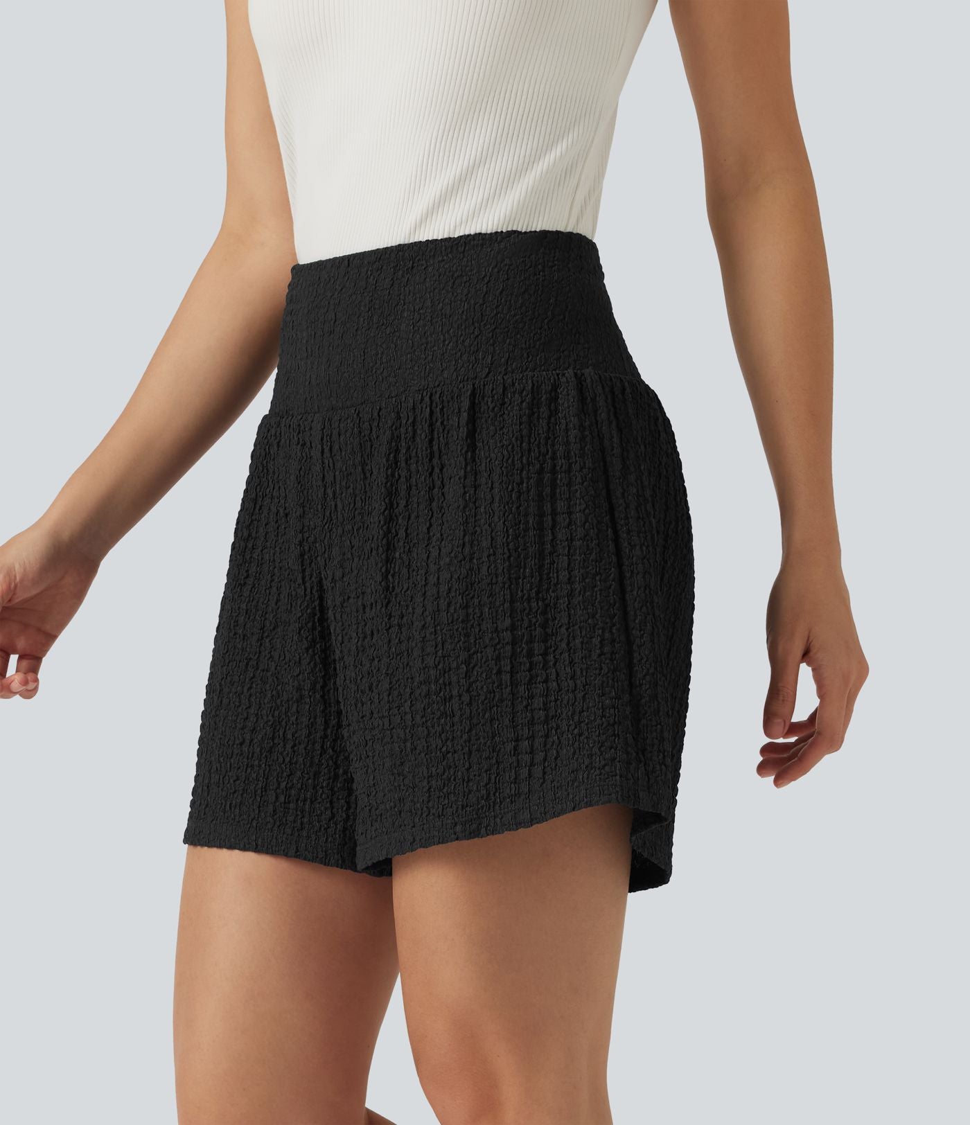 Short baggy 2-en-1 casual en tissu froissé taille haute avec poches