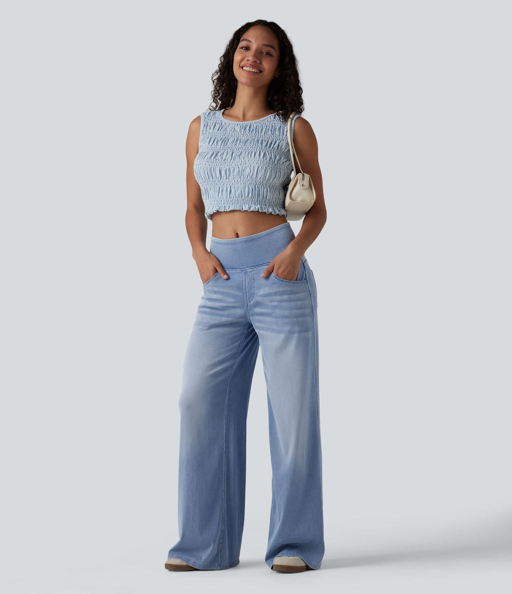 Halara Flex™ Jean large casual baggy taille mi-haute en lyocell drapé effet délavé, avec poches