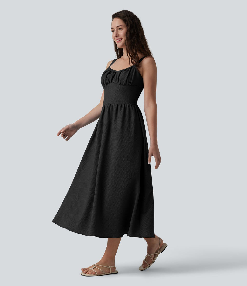 Robe fluide casual mi-longue texturée froncée et smockée