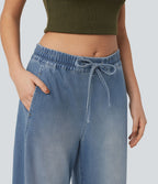Jean jogging barrel Halara Flex™ molleton français délavé jambe ballon taille mi-haute avec cordon de serrage et poches