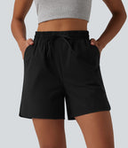 Short ample décontracté taille haute avec cordon de serrage ourlet arrondi avec poches