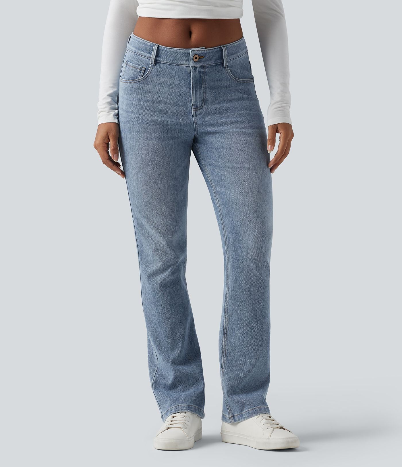 Jean bootcut délavé Halara Flex™ taille basse avec bouton, fermeture éclair et poches multiples