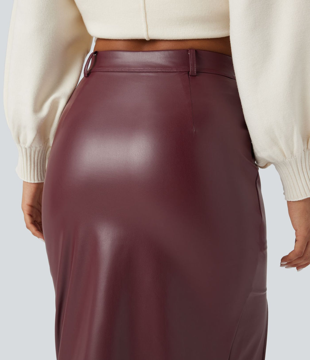 Jupe midi décontractée 2-en-1 tissu enduit taille haute gainante