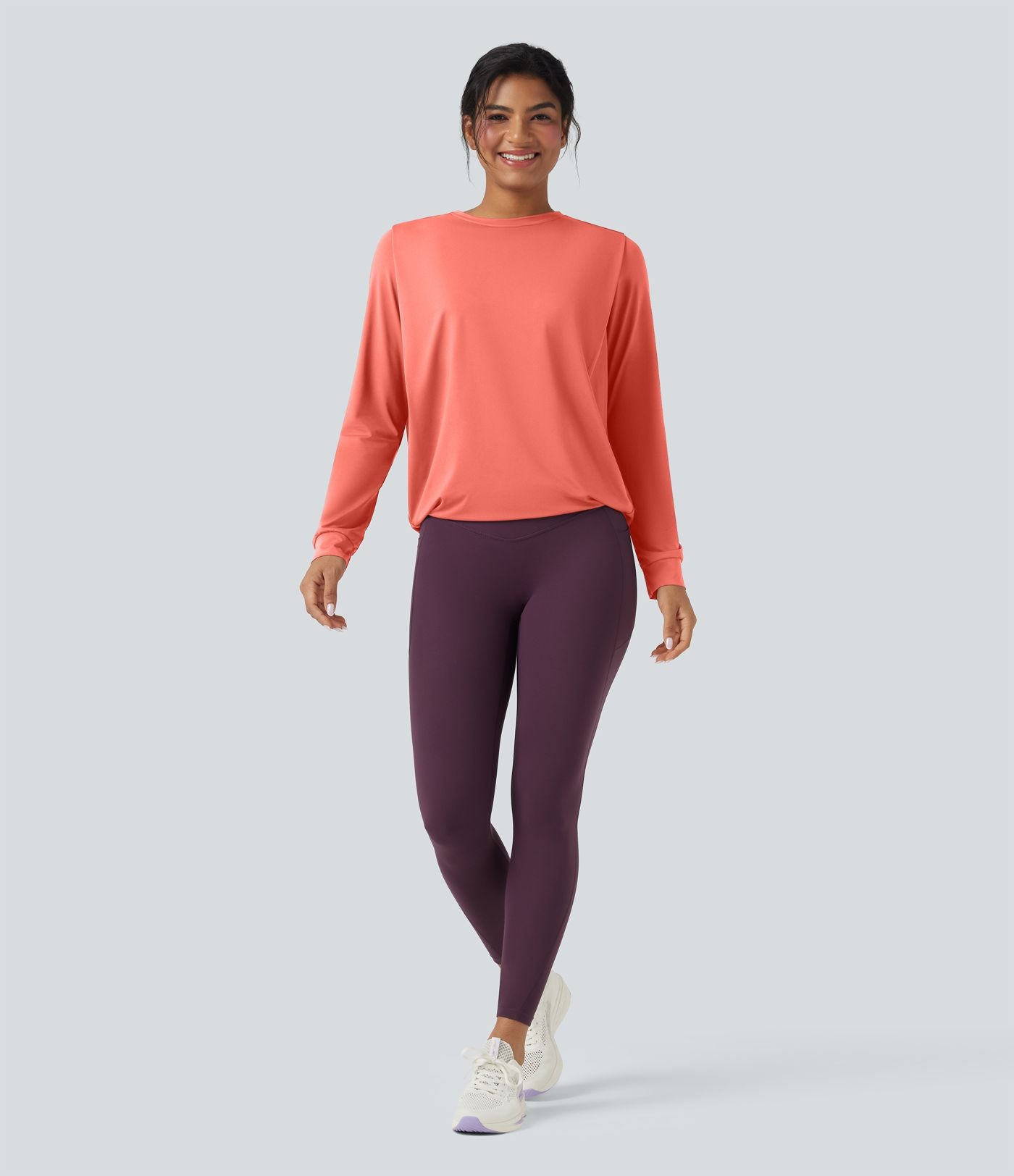 Haut de sport yoga col rond manches longues froncé - UPF50+
