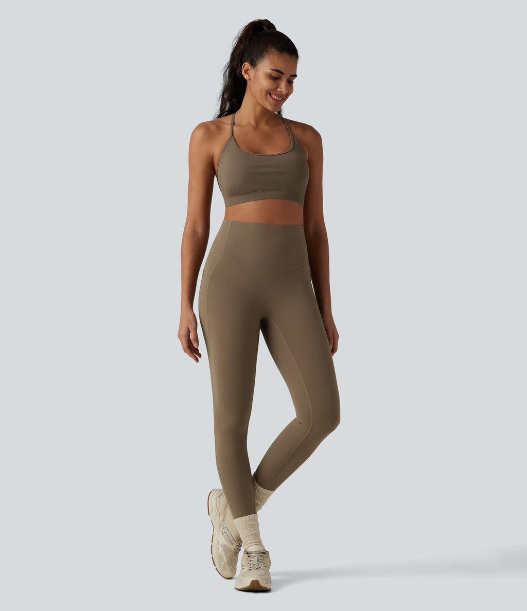 Brassière de sport de yoga en maille côtelée maintien léger dos croisé dos nu avec soutien-gorge intégré