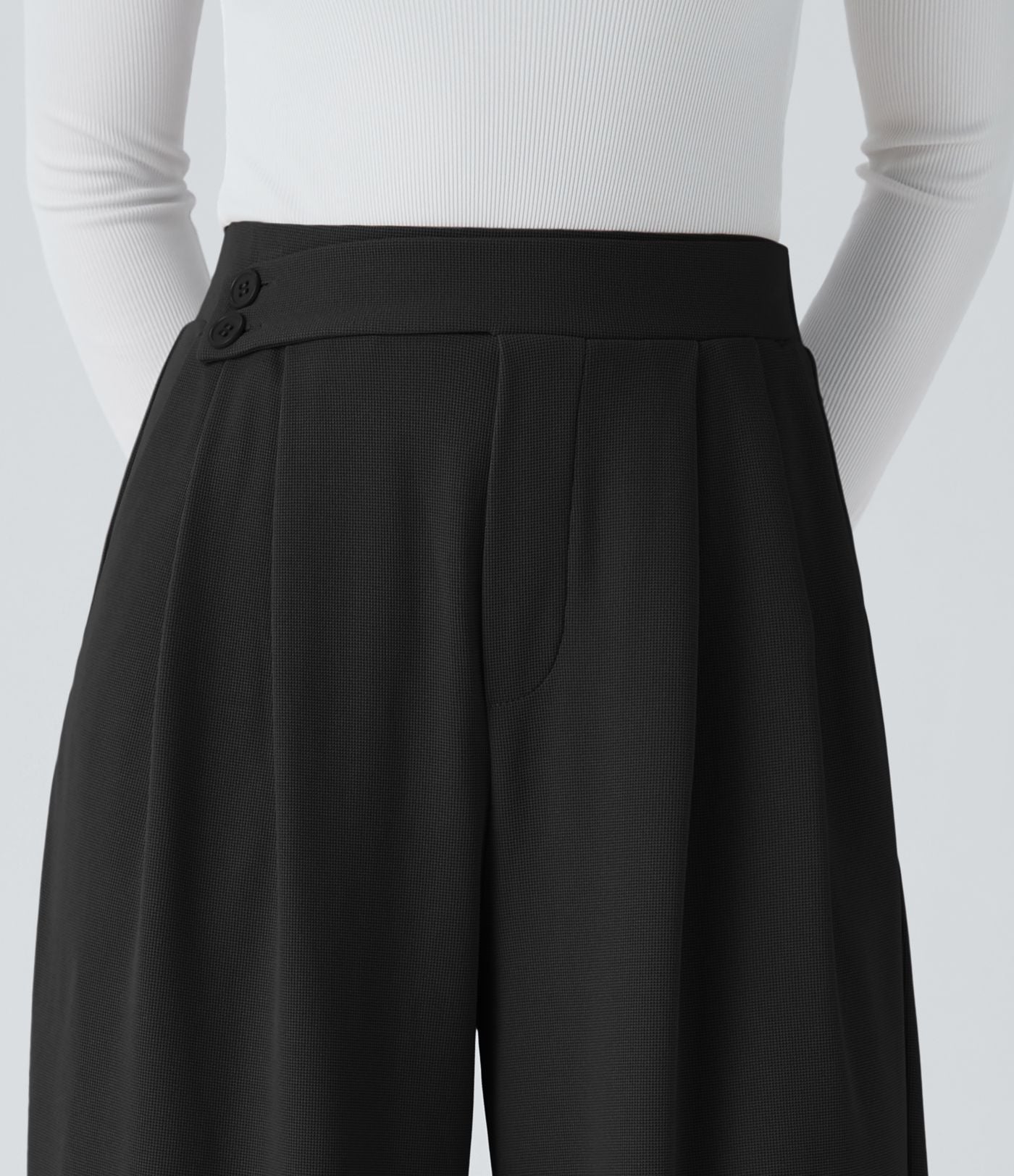 Pantalon taille haute décontracté large en maille gaufrée, avec poches