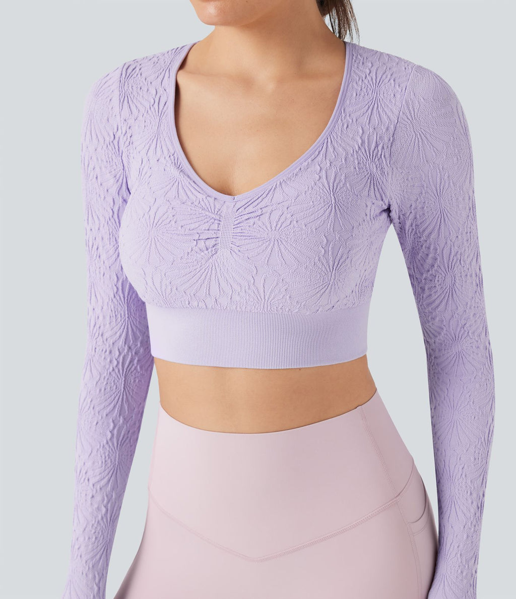Haut de sport yoga court ajusté jacquard à manches longues sans couture OneForm Seamless Flow