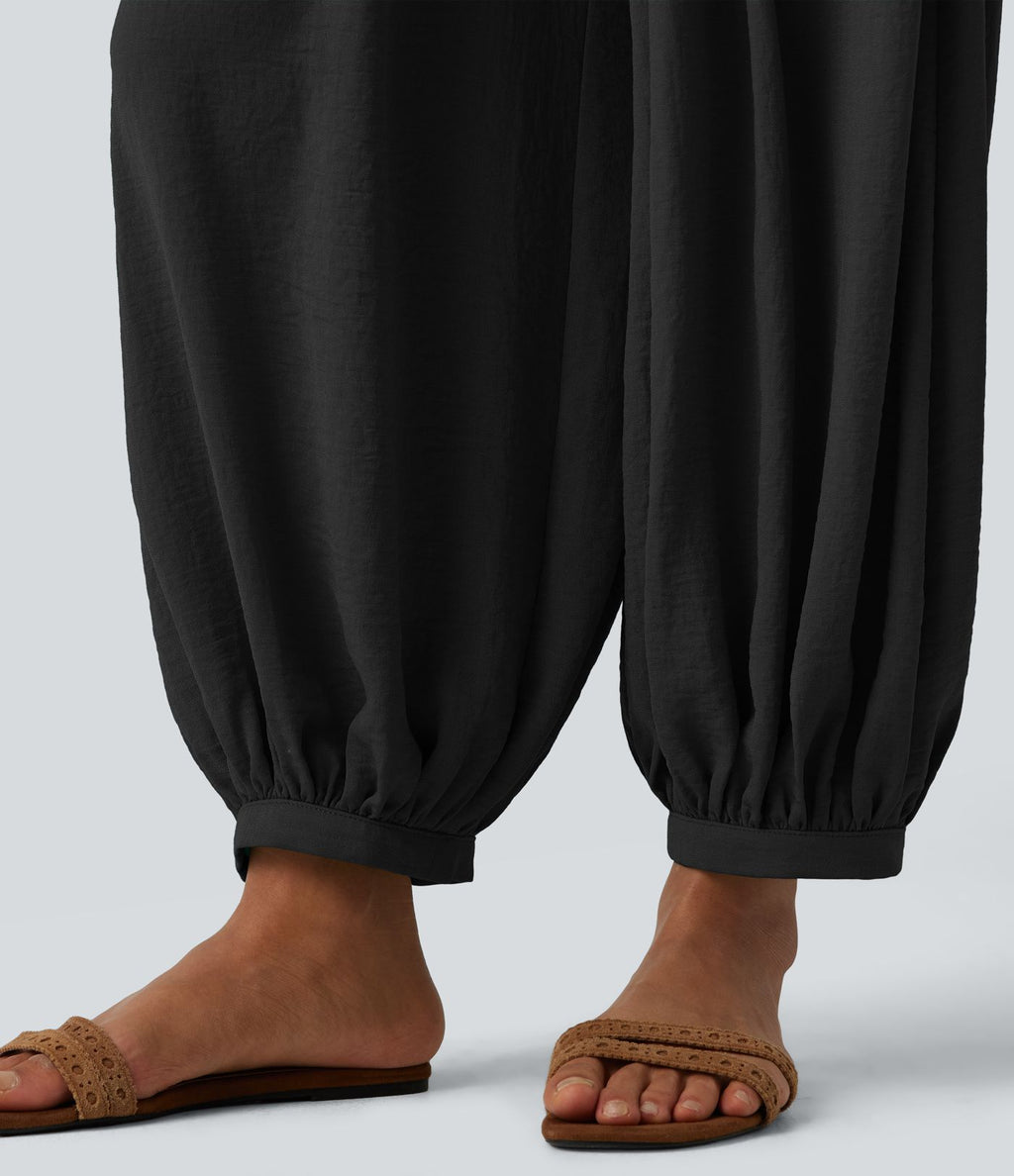 Pantalon ballon fluide resort taille haute effet lin avec cordon de serrage et poches