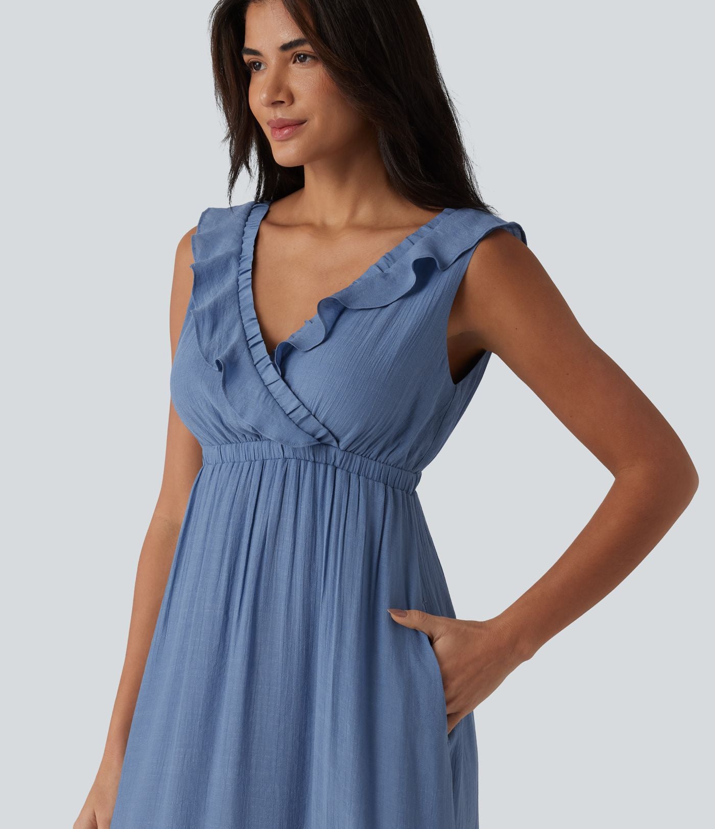 Robe fluide midi vacances col V sans manches dos nu à nouer volants avec poches
