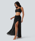 Jupe maxi fluide de danse 2-en-1 à taille mi-haute, fente et poches latérales
