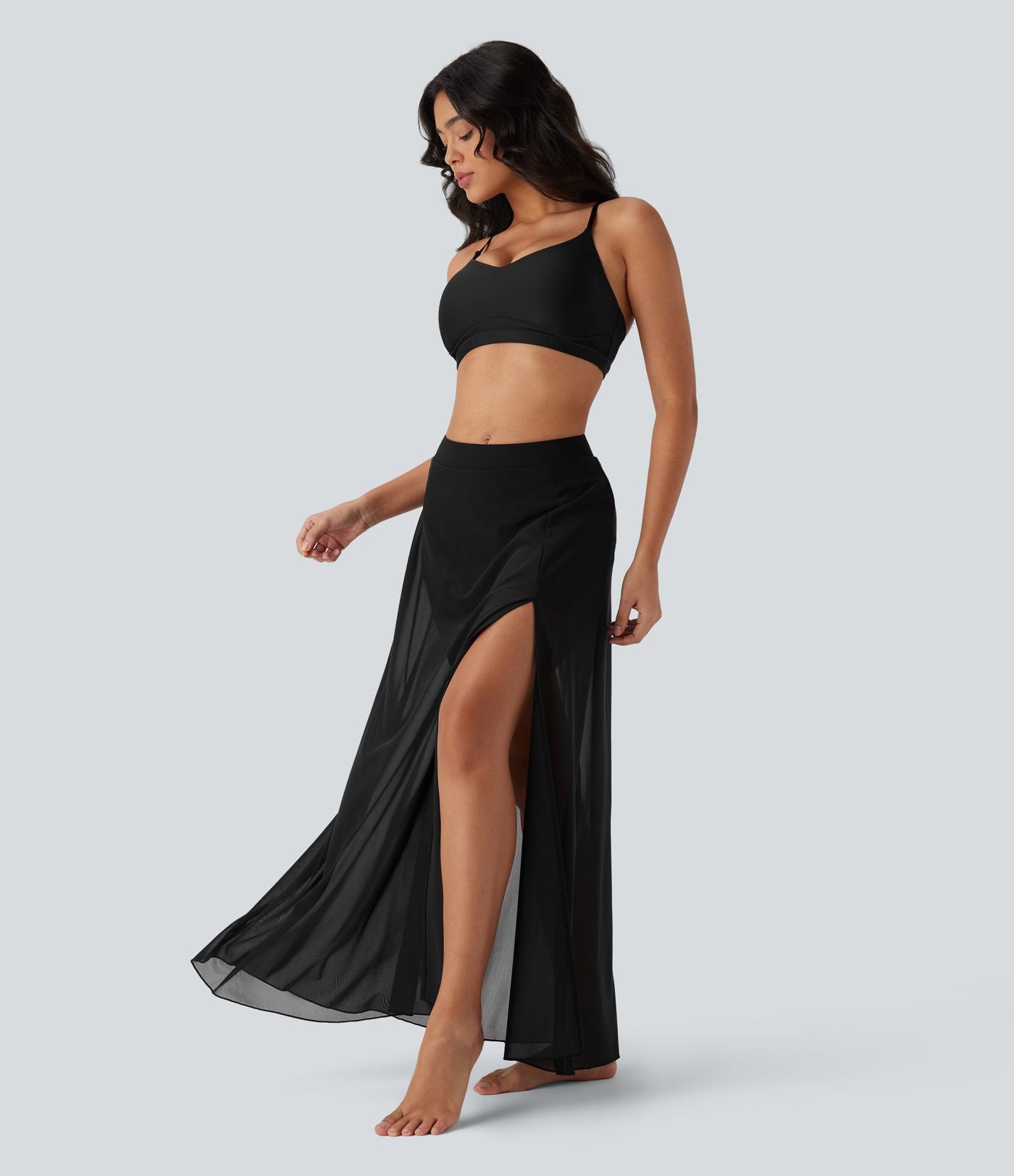 Jupe maxi fluide de danse 2-en-1 à taille mi-haute, fente et poches latérales