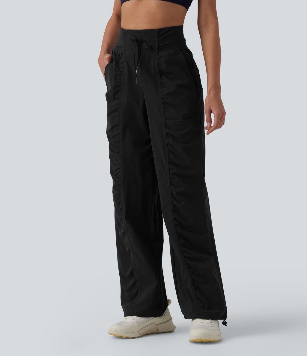 Pantalon running coupe droite taille haute à cordon de serrage et fronces séchage rapide avec poches