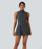 Robe de tennis active micro Halara UltraSculpt™ imprimé léopard col polo demi-fermeture éclair sans manches avec poches