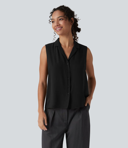 Blouse tailleur ample col revers sans manches à boutonnière