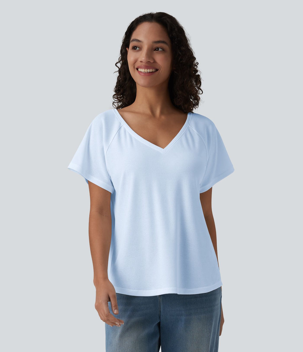 T-shirt casual col V manches raglan courtes coupe ample