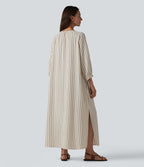 Robe midi casual à rayures aspect lin col V avec nœud, manches 3/4 fendues et poches