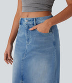 Halara Flex™ Jupe en Jean longue décontractée extensible délavé taille moyenne avec fente et multiples poches