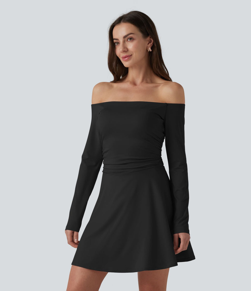 Robe décontractée 2-en-1, épaules dénudées, manches longues, fronces, brassière intégrée, à poche — Easy Peasy