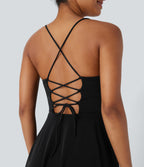 Robe active de danse midi fluide à dos nu avec lacets, 2-en-1, poche, ourlet asymétrique et maille contrastée