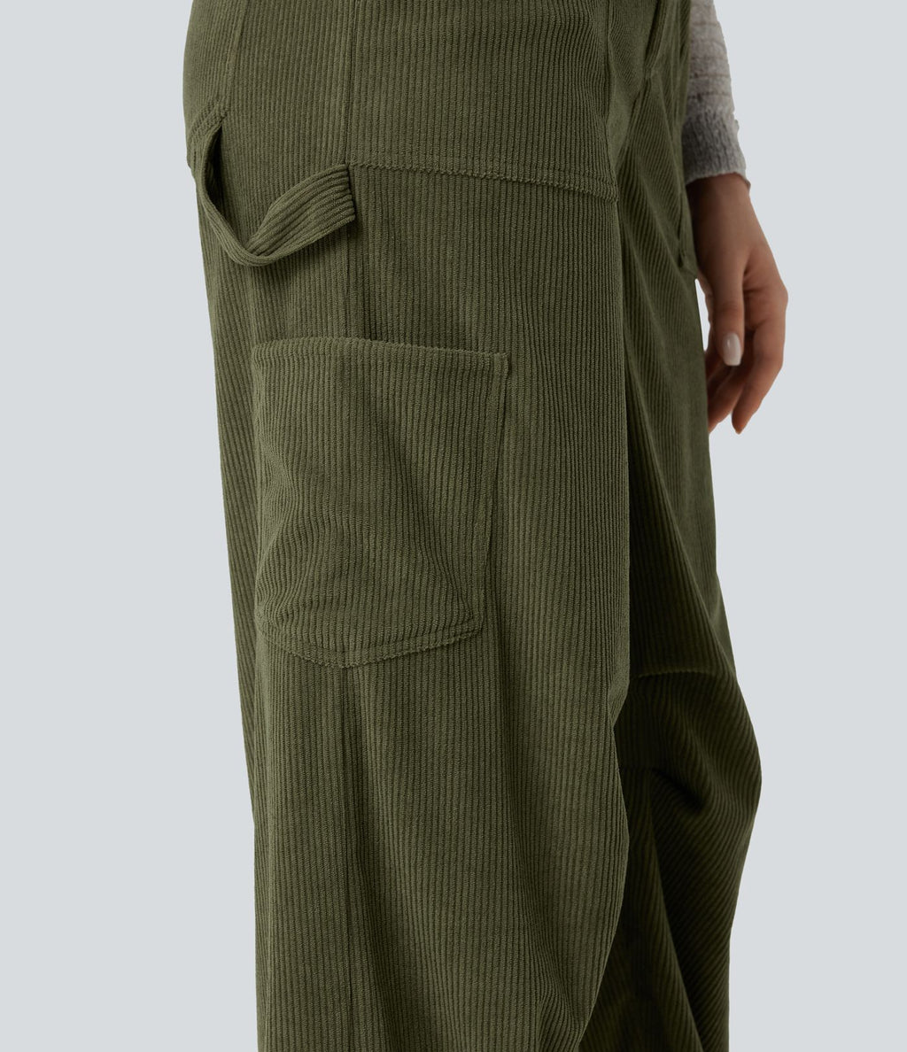 Pantalon décontracté droit en velours côtelé, taille haute, avec poches