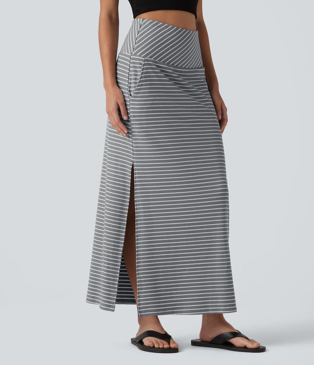 Jupe longue casual gainante taille haute à rayures et fente avec poches
