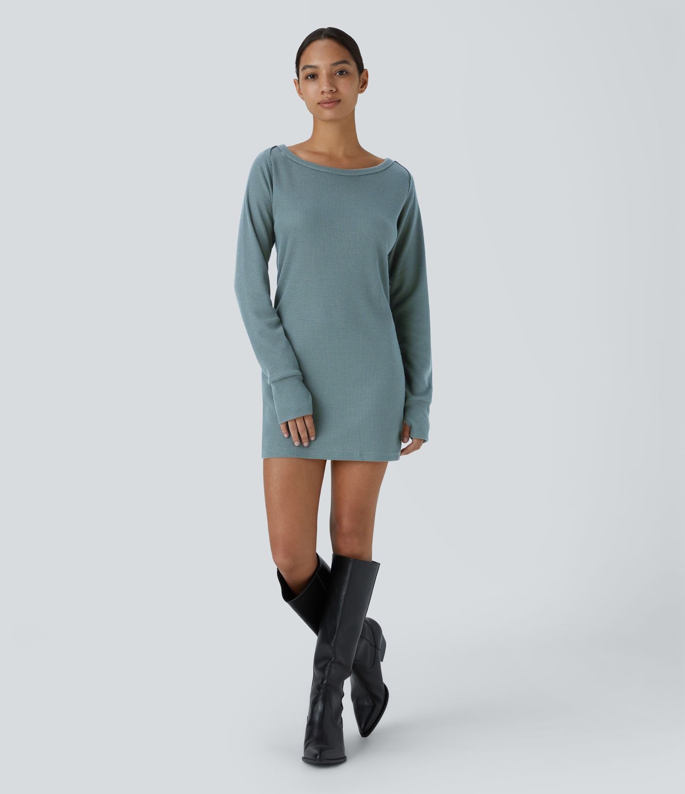 Robe Sweatshirt Casual Col Bateau Manches Raglan Avec Trous Pour Les Pouce Ourlet Fendu en Waffle