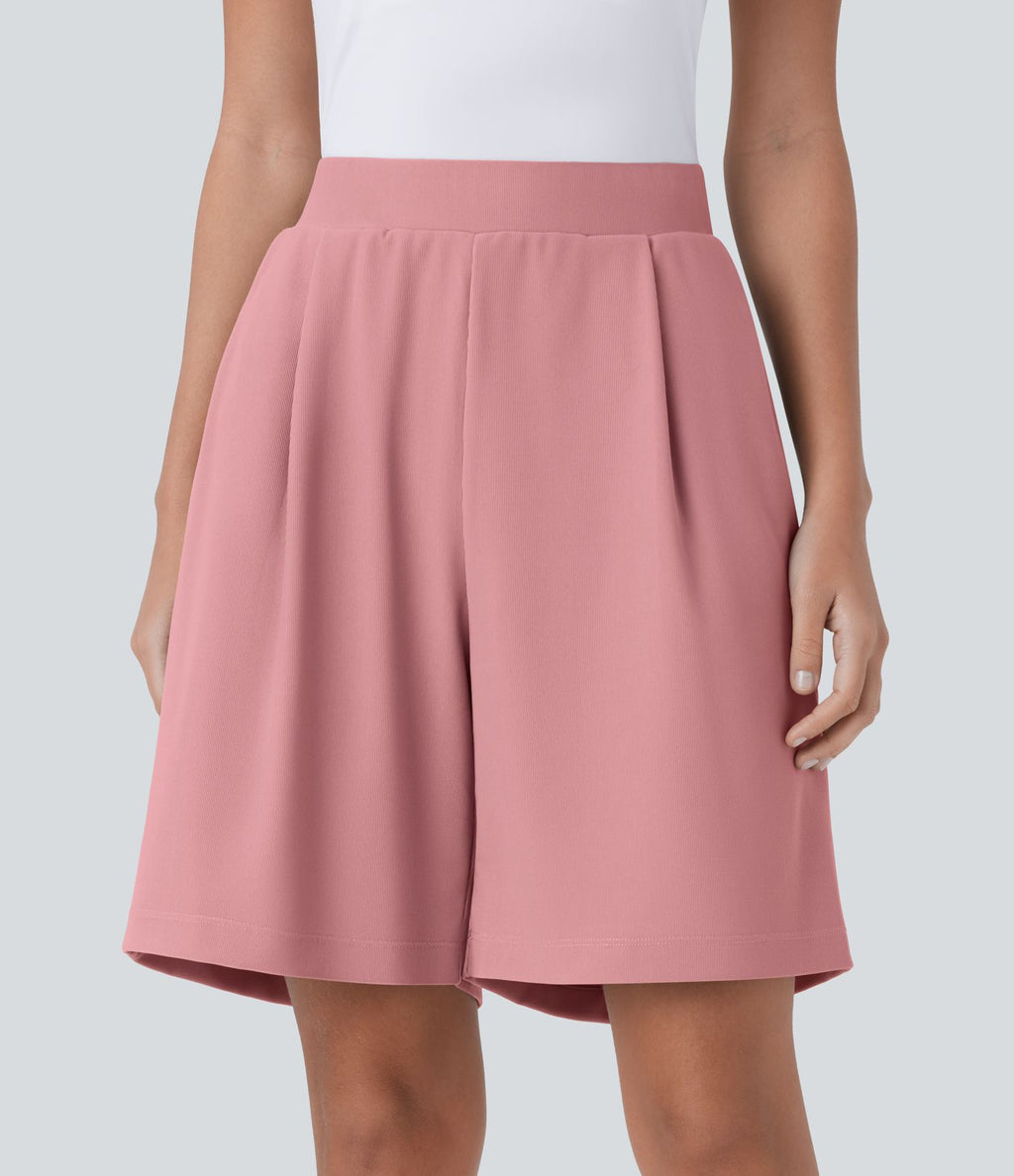 Short Bermuda Tailleur Fluide sculptant taille haute en maille gaufrée avec poches latérales