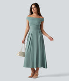 Robe midi casual fluide côtelée gainante à épaules dénudées