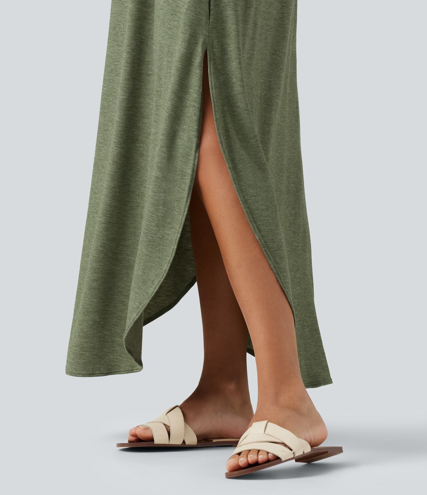 Robe longue décontractée col V style nuisette avec fente et poches