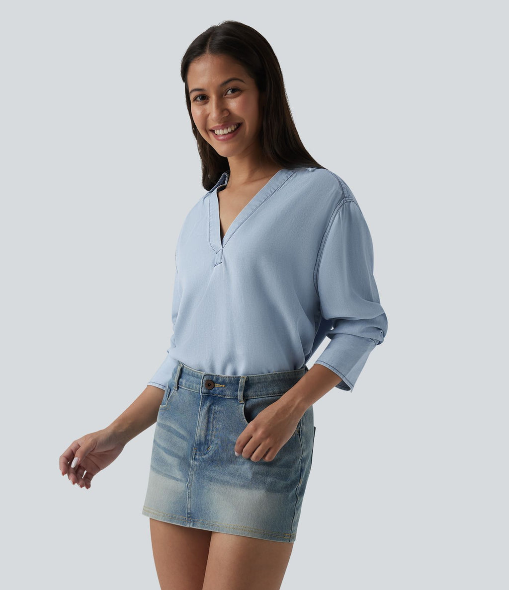Blouse casual denim en lyocell col V manches longues