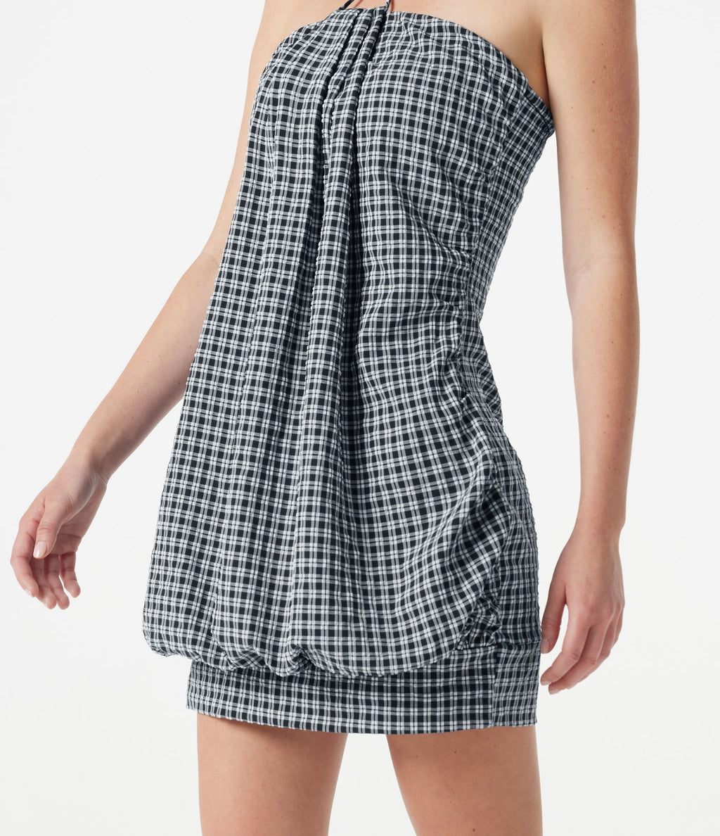 Robe micro-mini de plage moulante à carreaux vichy col halter avec brassière intégrée et lien noué au dos