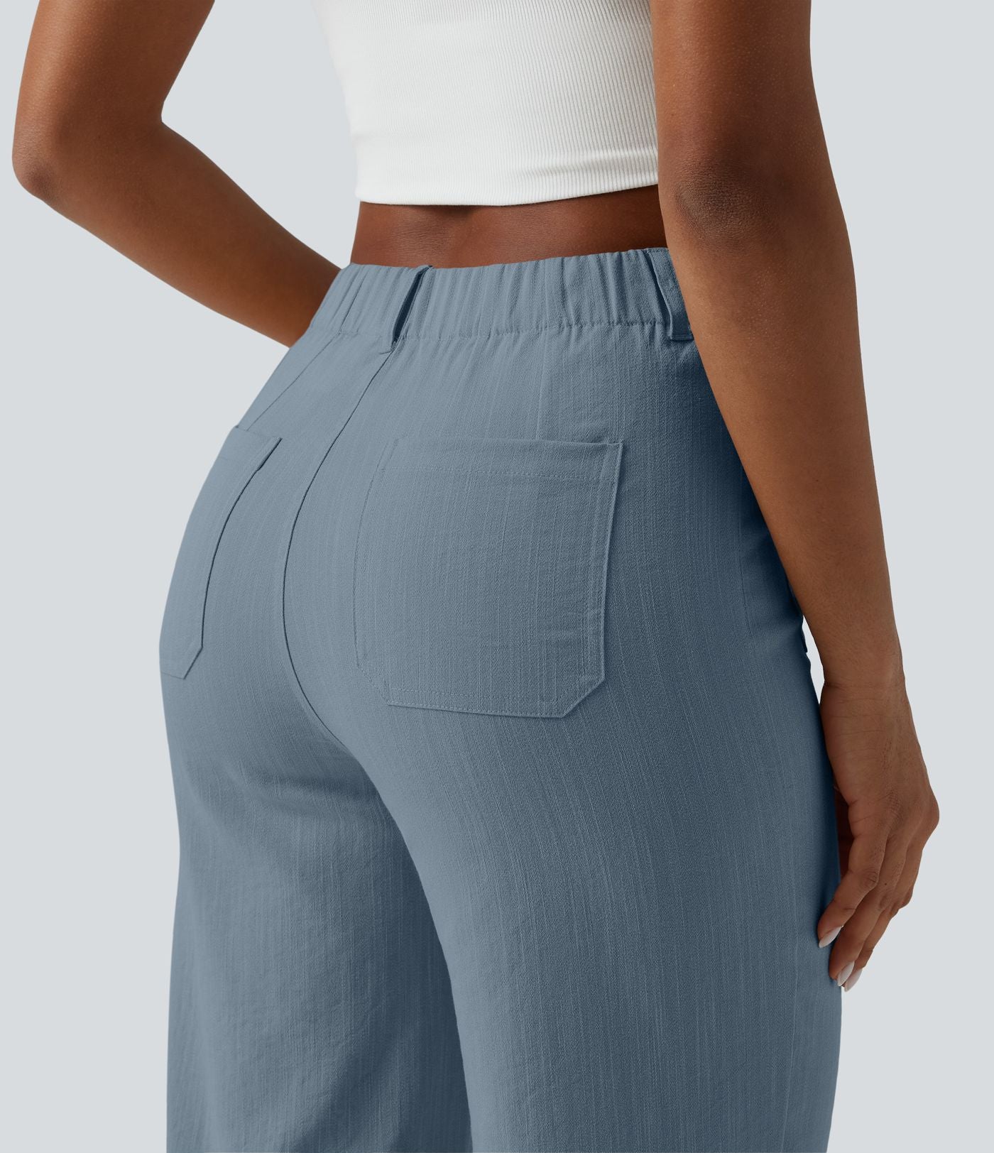 Pantalon taille haute coupe droite effet lin avec poches