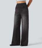 Jean décontracté Halara Flex™ large taille haute effet délavé avec poches