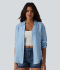 Chemise casual à rayures aspect lin col V manches longues retroussables et ourlet arrondi