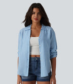 Chemise casual à rayures aspect lin col V manches longues retroussables et ourlet arrondi