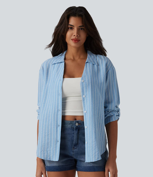 Chemise casual à rayures aspect lin col V manches longues retroussables et ourlet arrondi