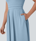 Robe longue décontractée à col montant, manches courtes et poches latérales