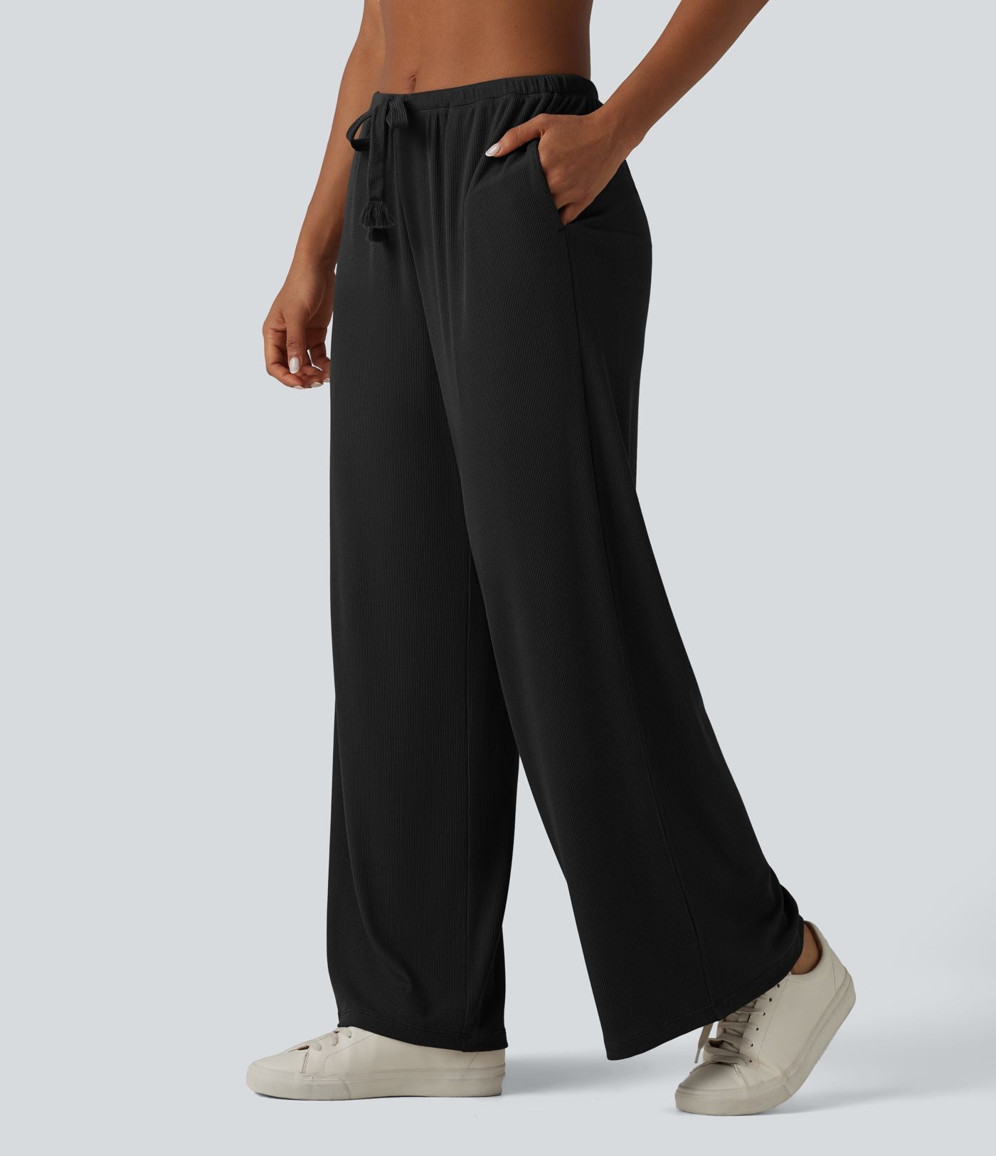 Pantalon large casual en maille côtelée extensible taille mi-haute avec cordon de serrage et poches