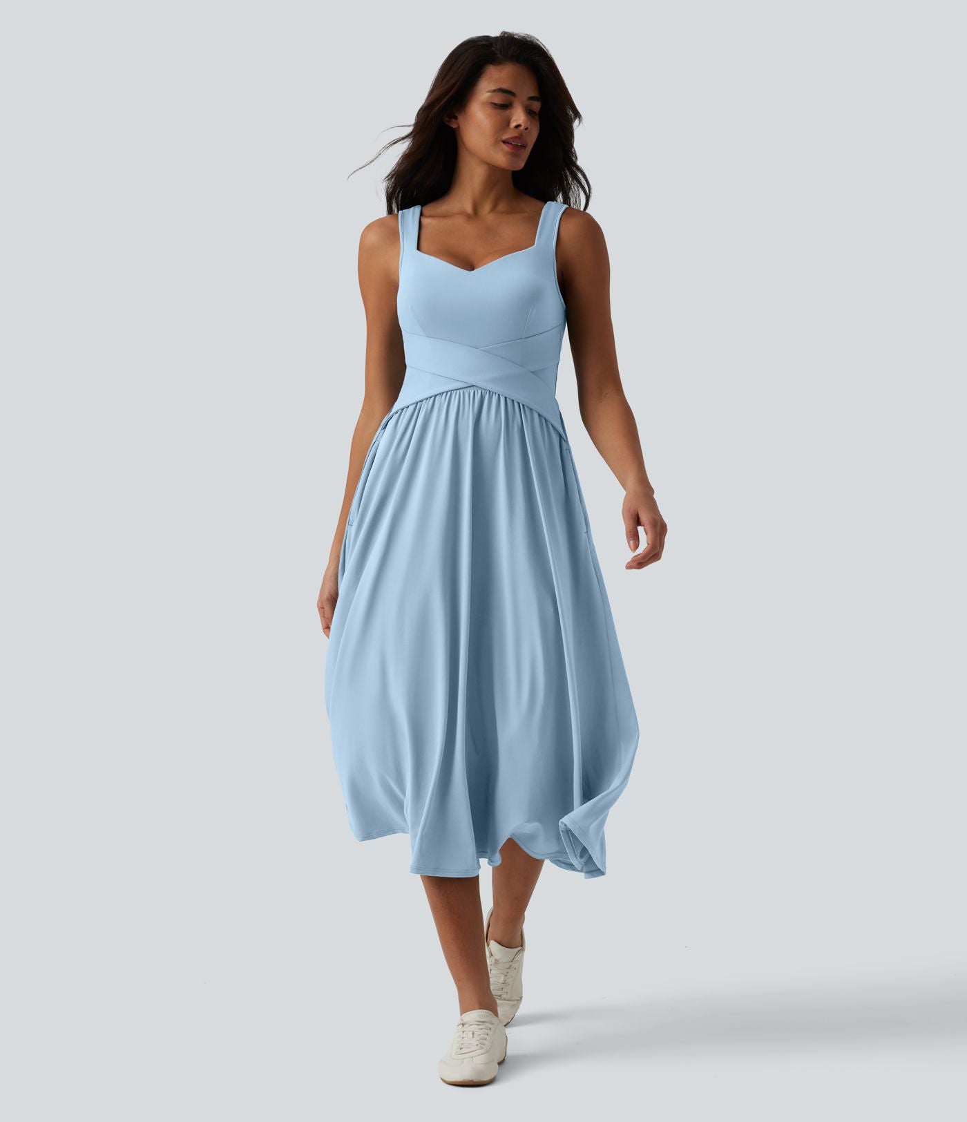 Robe midi fluide sans manches dos croisé, avec brassière intégrée (Bonnets E-G) et poches